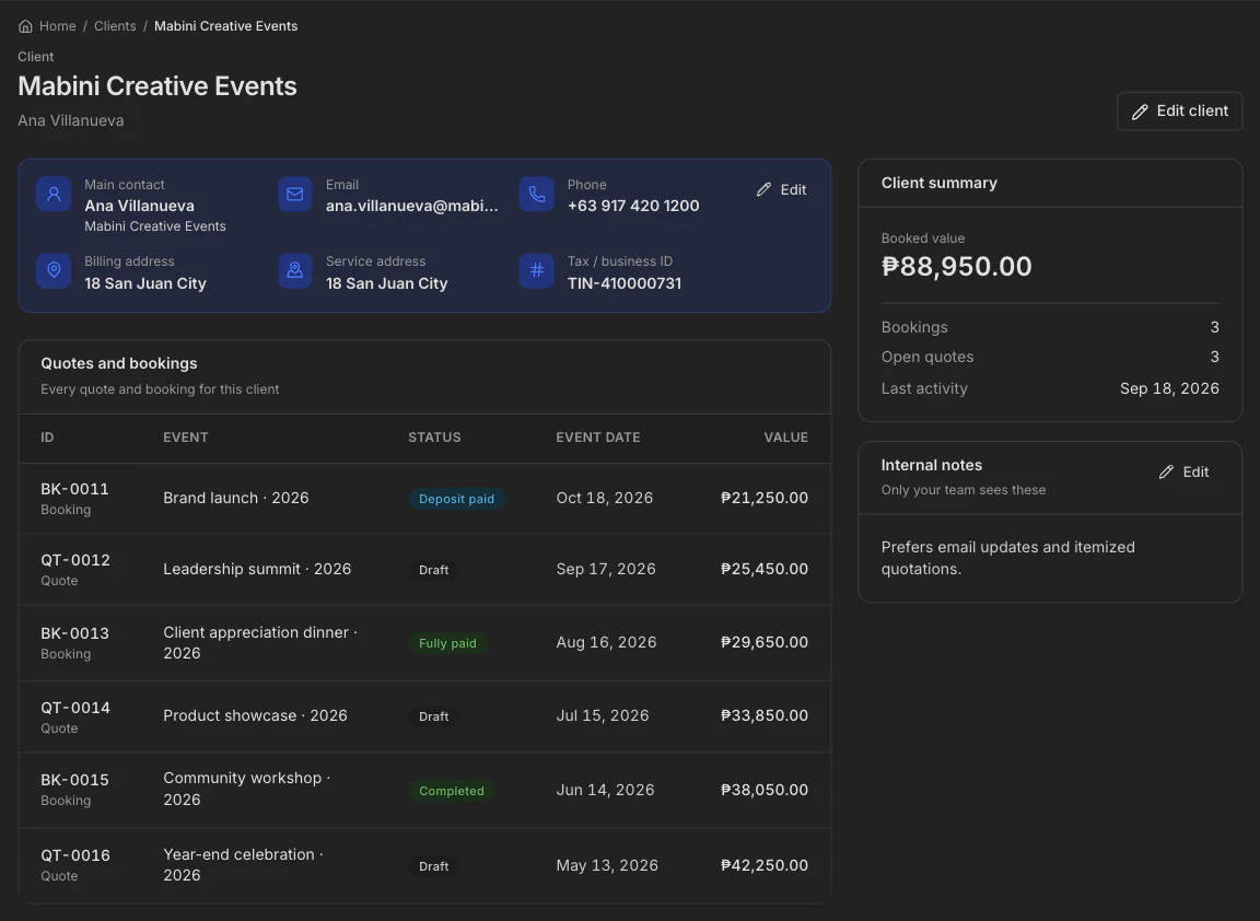 A client page with contact details, past jobs, and amounts paid