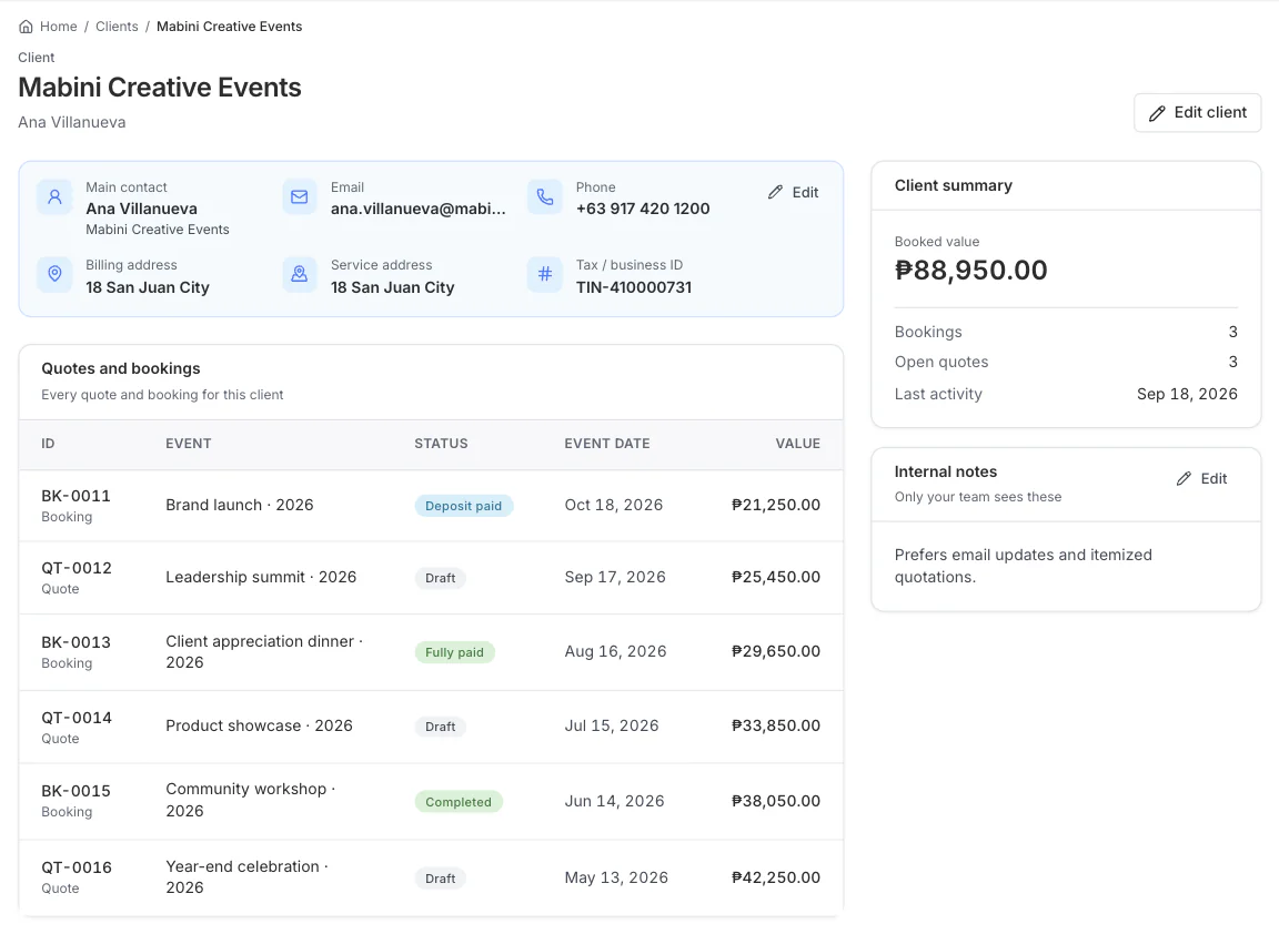 A client page with contact details, past jobs, and amounts paid